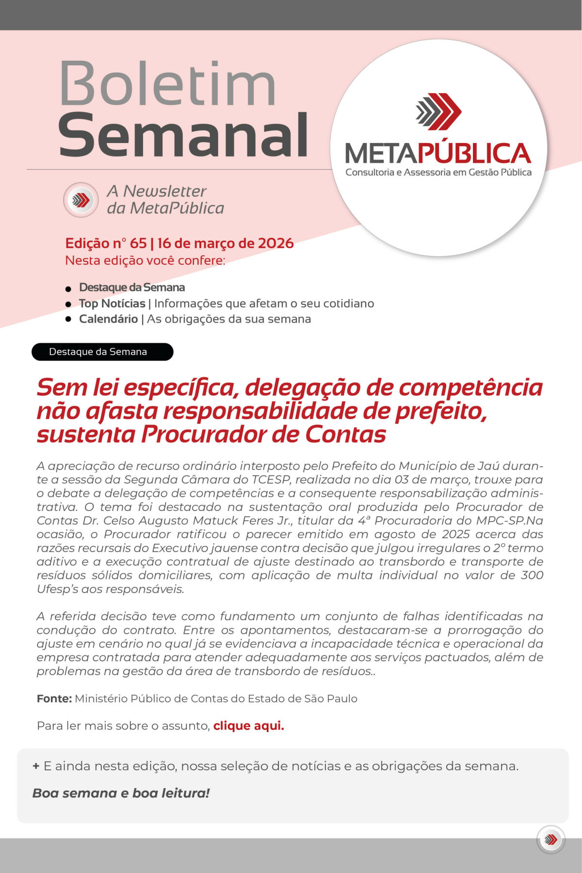 Imagem principal de BOLETIM SEMANAL Nº 65 - 16 DE MARÇO DE 2026